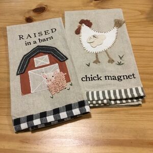 Mud Pie Cute Farm Chic Pig & Chicken Kitchen Towel Embroidery Southern Décor Set